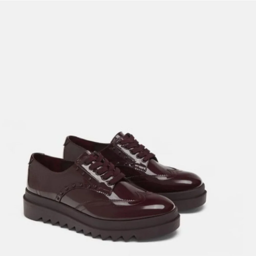 NWT Zara Platform Patent Faux Leather Derby Oxfords 38 7.5 Studs Burgundy Chunky